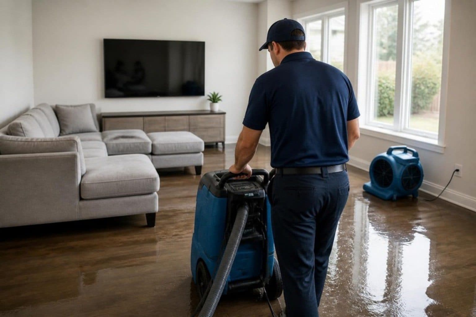 RapidDry technician extracting standing water from a flooded living room